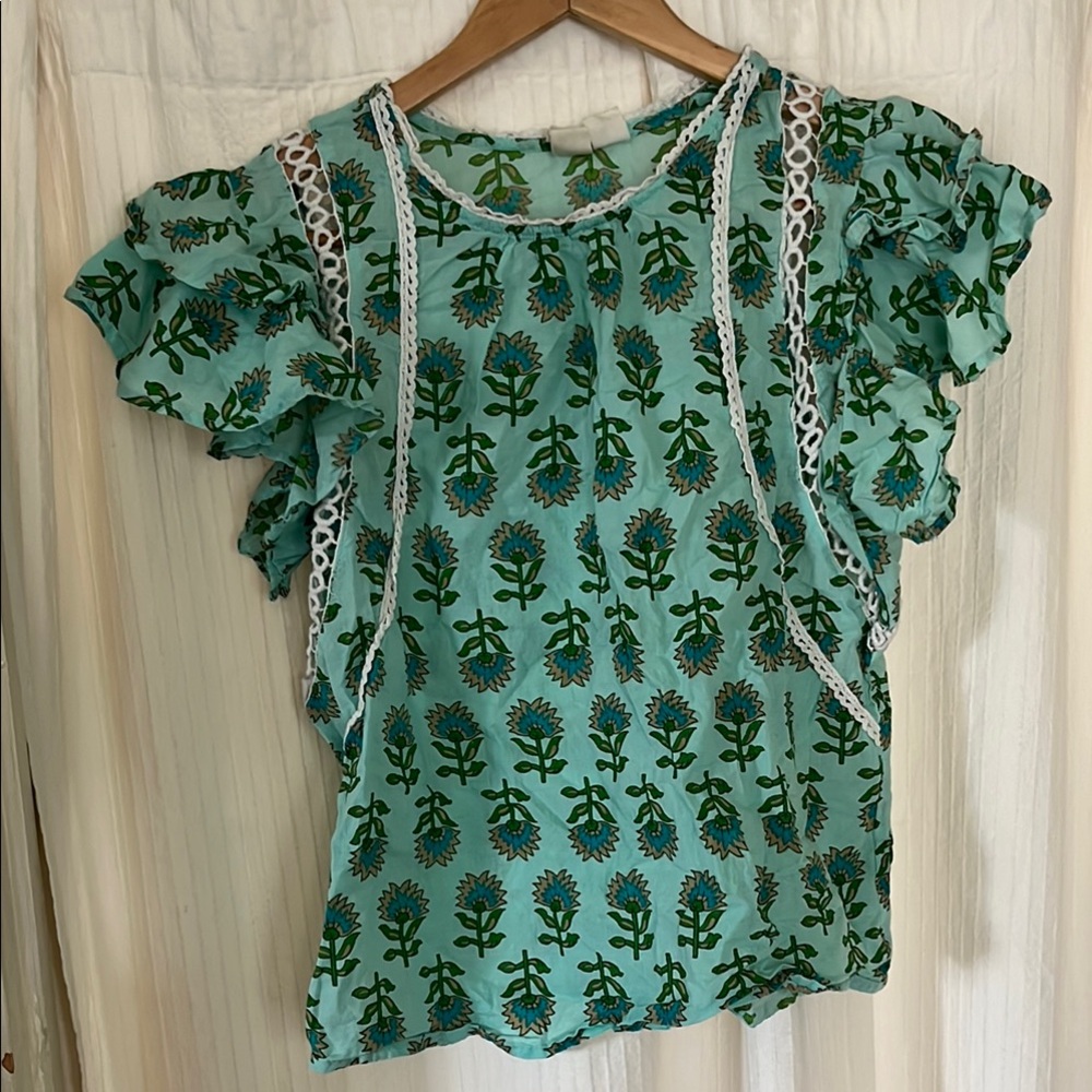 Floral Ruffle Sleeve Top - Green